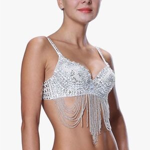 White & Silver Bedazzled Showgirl Bra Top